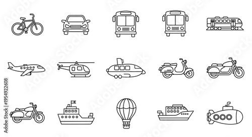 Collection of various transportation and vehicle icons including air, land, and sea transport