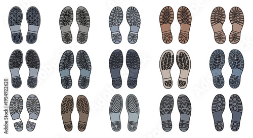 Collection of various boot soles, showcasing different tread patterns and designs for footwear
