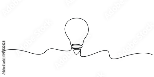 Minimalist, single continuous line graphic illustration of a light bulb, visual metaphor for an idea, creativity, innovation, or electricity consumption