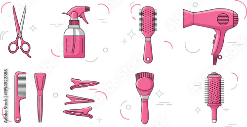 Hairdresser tools set with scissors comb brushes dryer clips and spray bottle, beauty salon equipment collection vector illustration