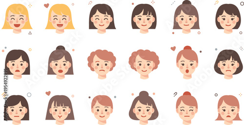 Women faces avatars set with different hairstyles and emotions, female characters collection for profile icons cartoon vector illustration