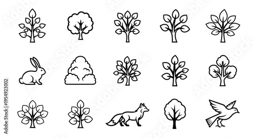Collection of minimalist nature line icons, featuring diverse tree illustrations, woodland animals like rabbit, fox, and bird, suitable for environmental concepts and branding projects