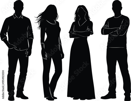 people, silhouette, group, standing, fashion, casual, characters, black, white, isolated, style, modern, figures, pose, confident, collection, design, concept, human, set