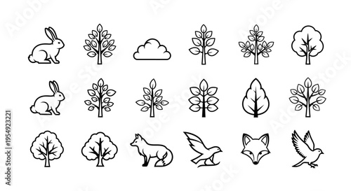 A collection of stylized icons depicting various elements of nature, including animals and plants
