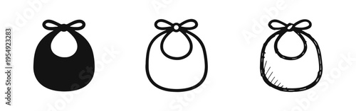 Baby bib icon set in three distinct styles: silhouette, outline, and hand-drawn sketch for infant feeding.