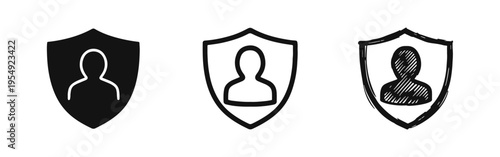 User Security and Protection Icon Set - Shield with Profile in Solid, Outline, and Hand-Drawn Styles
