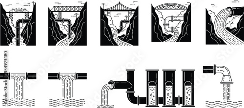 pipeline, water, system, treatment, sewage, drainage, infrastructure, industry, silhouette, vector, illustration, environment, flow, pipes, engineering, wastewater, purification, utility, process, 