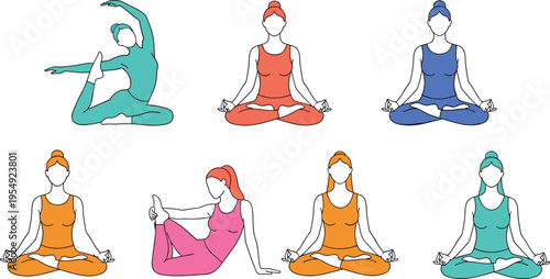 Set of women practicing yoga poses, meditation and stretching exercises, healthy lifestyle illustration, fitness wellness concept, flat minimal vector design