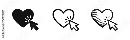 Click Heart Icon Set with Mouse Cursor. Like Button or Favorite Action Symbol in Solid, Outline, and Hand-Drawn Styles.