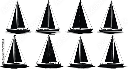 sailboat, yacht, sailing, silhouette, sea, ocean, boat, marine, travel, vector, illustration, black, white, water, leisure, wind, navigation, adventure, nautical, summer