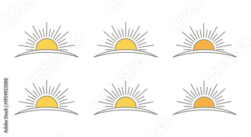 Sunrise Icon Set Vector Illustration of Sun Rising Over Horizon with Rays