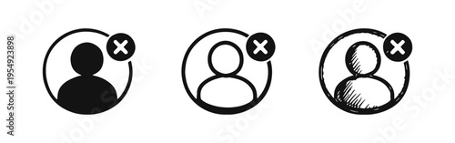 Delete User Profile Icon Set. Remove Account or User Termination Symbol in Solid, Outline, and Hand-Drawn Styles.