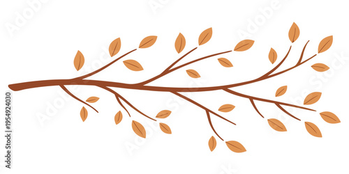 Brown tree branch with orange leaves on white background