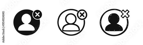 Delete User Profile Icon Set. Remove Account or User Termination Symbol in Solid, Outline, and Hand-Drawn Styles.