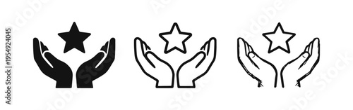 Hands Holding Star Icon Set. Feedback, Rating, or Quality Service Symbol in Solid, Outline, and Hand-Drawn Styles.