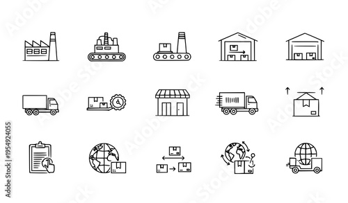 Modern logistics and supply chain outline icons vector with manufacturing and commerce symbols