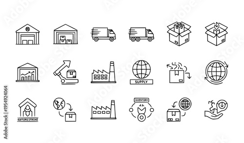 Supply chain and logistics outline icons vector with delivery and manufacturing symbols