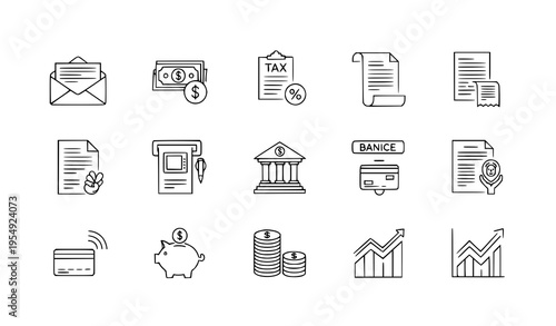 Income and salary outline icons vector with money and business finance symbols