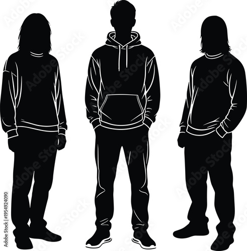 Silhouette of three young people wearing hoodies and casual outfits, standing in relaxed poses, urban lifestyle fashion concept, isolated figures