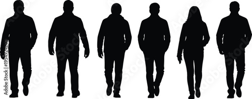 Silhouettes of people walking forward in different poses, group of anonymous figures, urban crowd concept, isolated black human shapes illustration