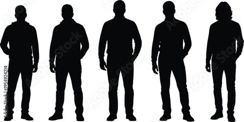 Silhouettes of five men standing in different poses, anonymous male figures, urban lifestyle concept, isolated black human shapes illustration