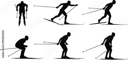 skiing, skier, winter, sport, silhouette, snow, athlete, action, movement, outdoor, vector, illustration, black, white, activity, speed, fitness, recreation, dynamic, cold