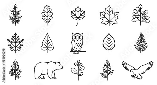 Collection of Black and White Line Art Icons Featuring Forest Animals and Foliage