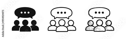 Group Chat and Communication Icon Set. People discussion speech bubble symbol in various styles.