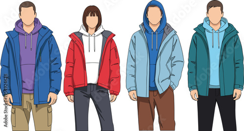 Stylish young people wearing winter jackets and hoodies, modern casual fashion, cold weather clothing, urban outfit collection, flat vector illustration