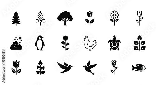 A collection of minimalist black and white icons depicting various nature elements, animals, and plants