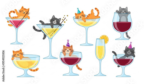 Playful cats in cocktail glasses vector illustration party themed cute kitten characters set