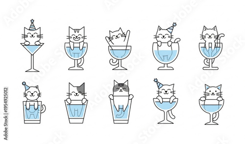 Minimal cute cats in cocktail glasses vector set with party pose kitten characters illustration