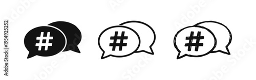 Hashtag Social Media Chat Icons, Hand-Drawn Communication Symbol Set and Marketing Conversation Bubbles