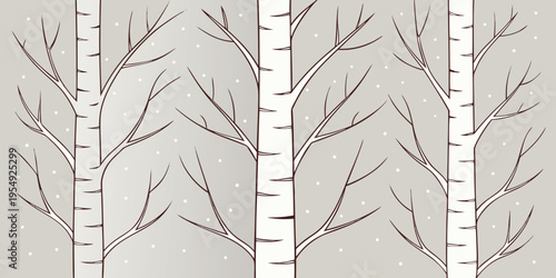 A pattern of birch trees with snowflakes on a gray background winter seasonal