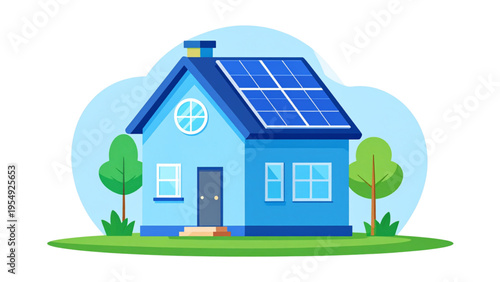 Blue House with Solar Panels on Roof, Renewable Energy Home Flat Vector Illustration