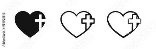 Heart with Christian Cross Vector Icons Set