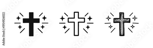 Glowing Christian Cross with Stars and Light Rays Icon Set. Divine Hope and Salvation Symbol. Holy Spirit Vector.