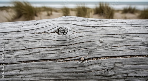 Close-up of weathered driftwood on a sandy beach with blurred background.