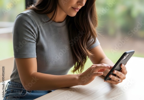 Young woman using a smartphone while sitting at a table with blurred background view of greenery