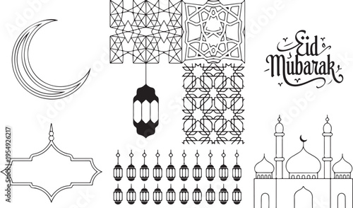 Eid Mubarak celebration elements with mosque lanterns and crescent moon