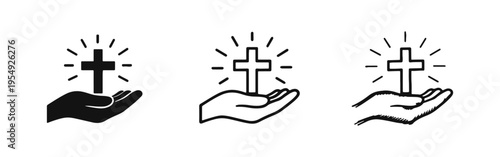 Hand Holding Glowing Christian Cross Icon Set. Divine Faith and Blessing Vector Illustration. Spiritual Guidance Concept.
