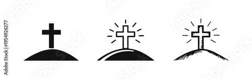 Glowing Christian Cross on a Hill Icon Set. Easter Resurrection Symbol Vector. Divine Hope and Spirituality Concept.