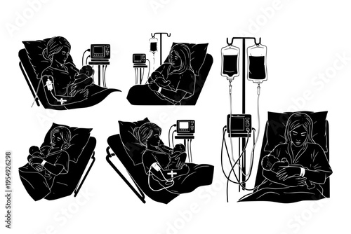 Post C-Section Recovery Mother Holding Newborn Hospital Bed Medical Monitoring Black Vector Silhouette