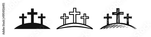 Calvary Crosses on a Hill Icon Set. Golgotha Christian Symbol Vector Illustration. Easter and Good Friday Concept.