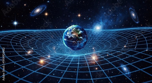 Earth, massive celestial body causing spacetime fabric distortion, illustrating gravitational field curvature, general relativity principle, cosmic universe physics.
