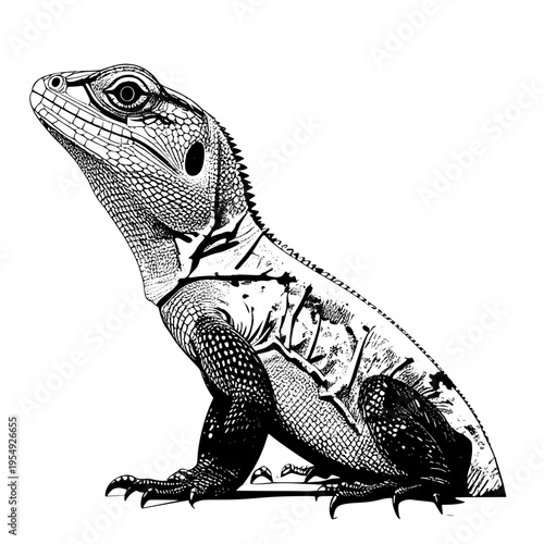 Black and white detailed illustration of a lizard in profile, showcasing its scales and reptilian features.