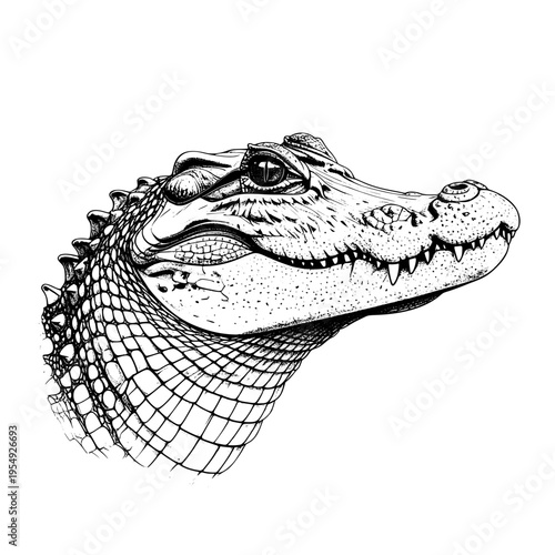 Detailed black and white line art illustration of an alligator head in profile, showcasing intricate scales and sharp teeth.