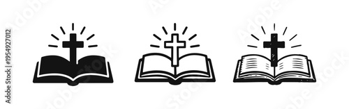 Open Bible with Shining Christian Cross Icon Set. Religious book and spiritual symbol collection.