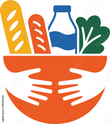 Colorful illustration of food items in a bowl  bread milk and vegetables