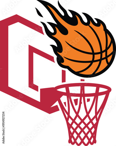 Flame basketball ball going through hoop backboard and net  sports illustration
